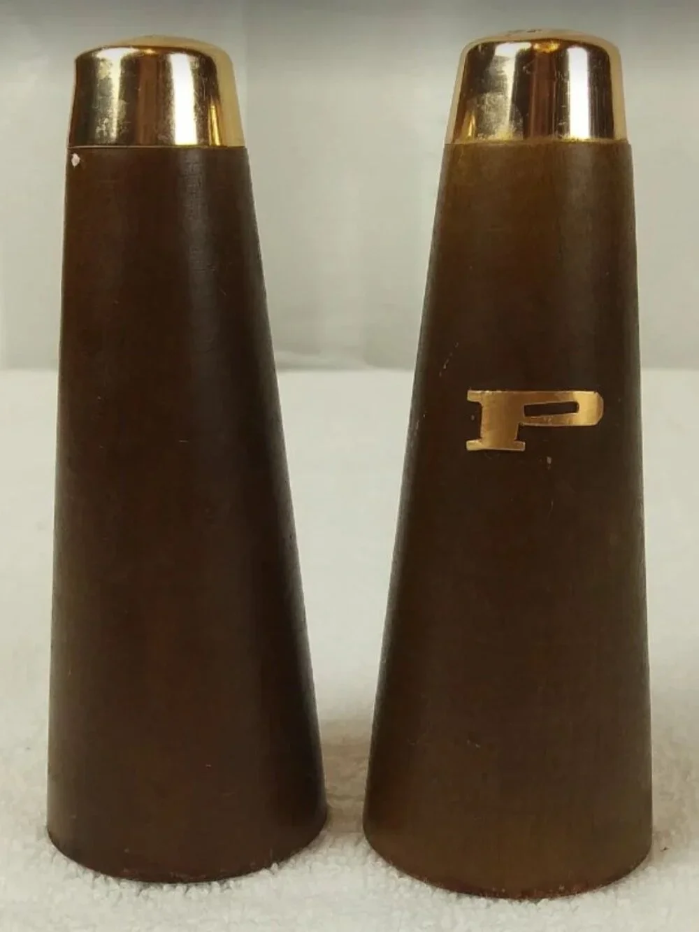 Vintage Mid Century Gold & Wooden Salt Pepper‎ Shakers 4
